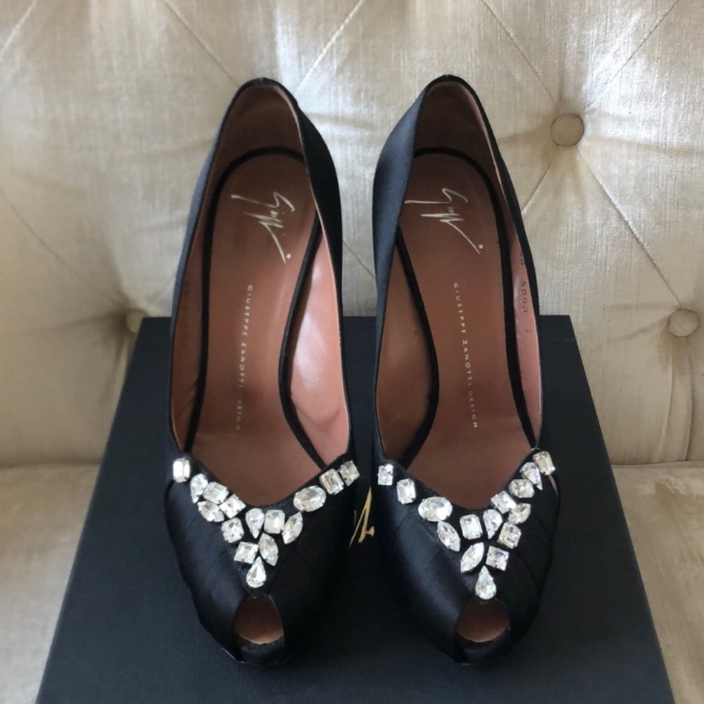 Giuseppe Zanotti Black Satin Peep Toes with Jewels